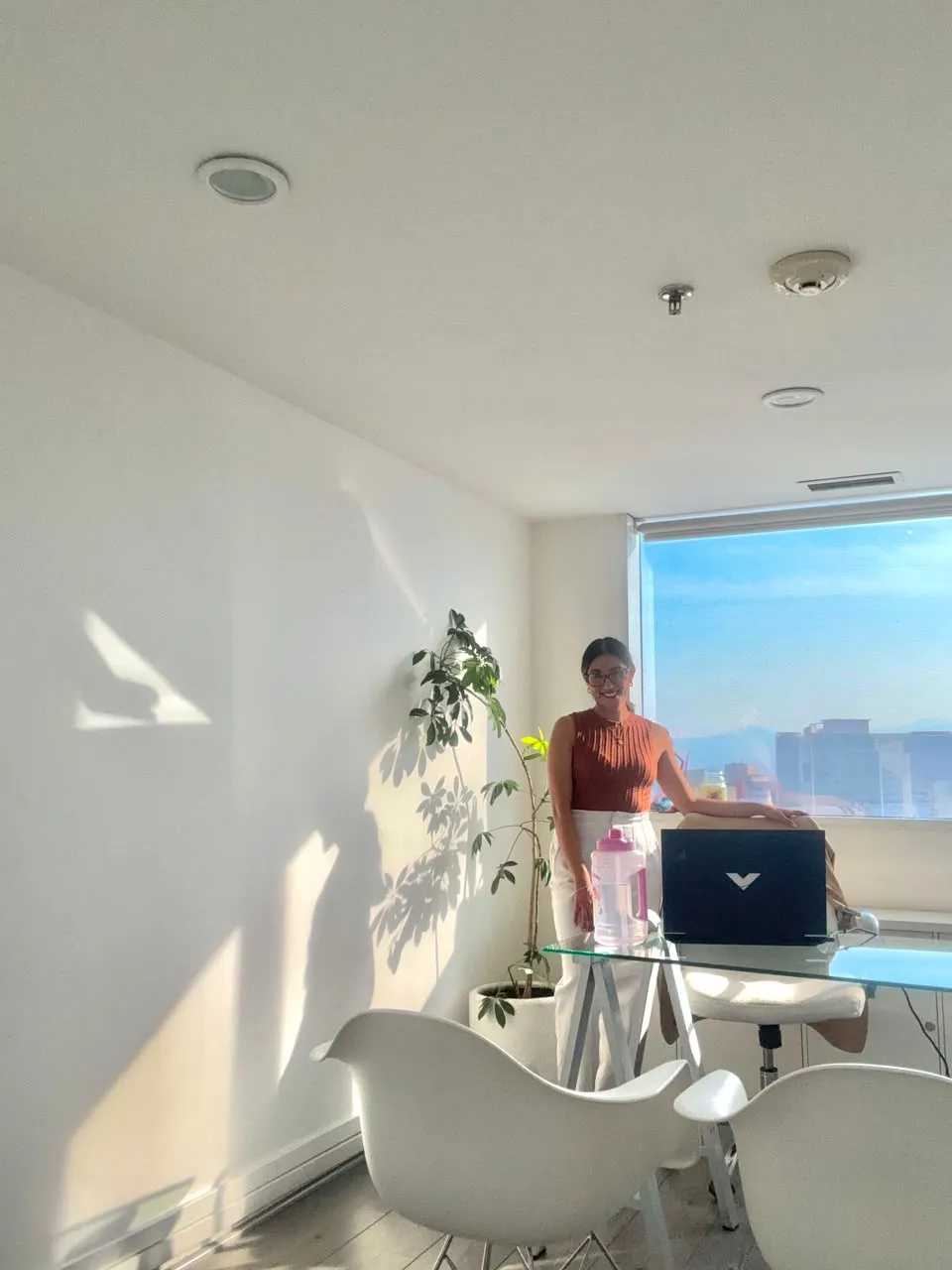 Geraldine Ramírez de pie junto a un escritorio de vidrio en una oficina luminosa con una planta y ventana a la ciudad.